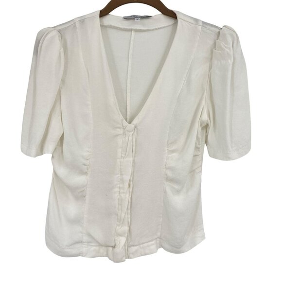 OLIVACEOUS Women's M White V-Neck Short Sleeve Button Up Top Rayon - Picture 1 of 9